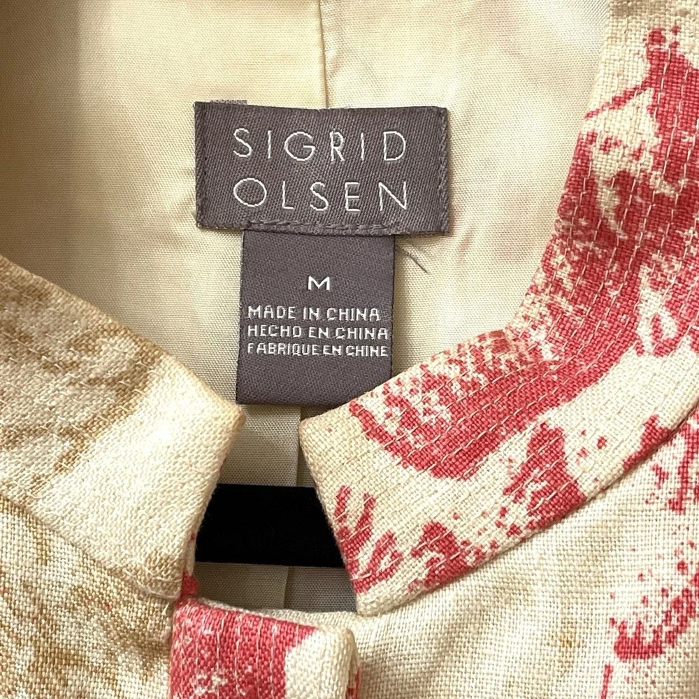 Sigrid Olsen Linen Coat Cream Coral Embroidery‎ Mandarin Collar Medium